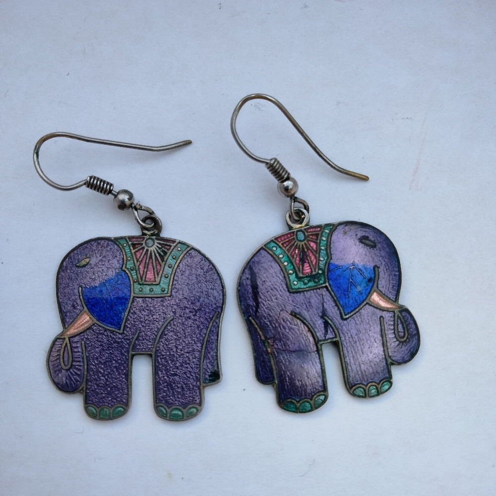 Vintage Cloisonne Enamel Purple Lucky Elephant Dangle Earrings